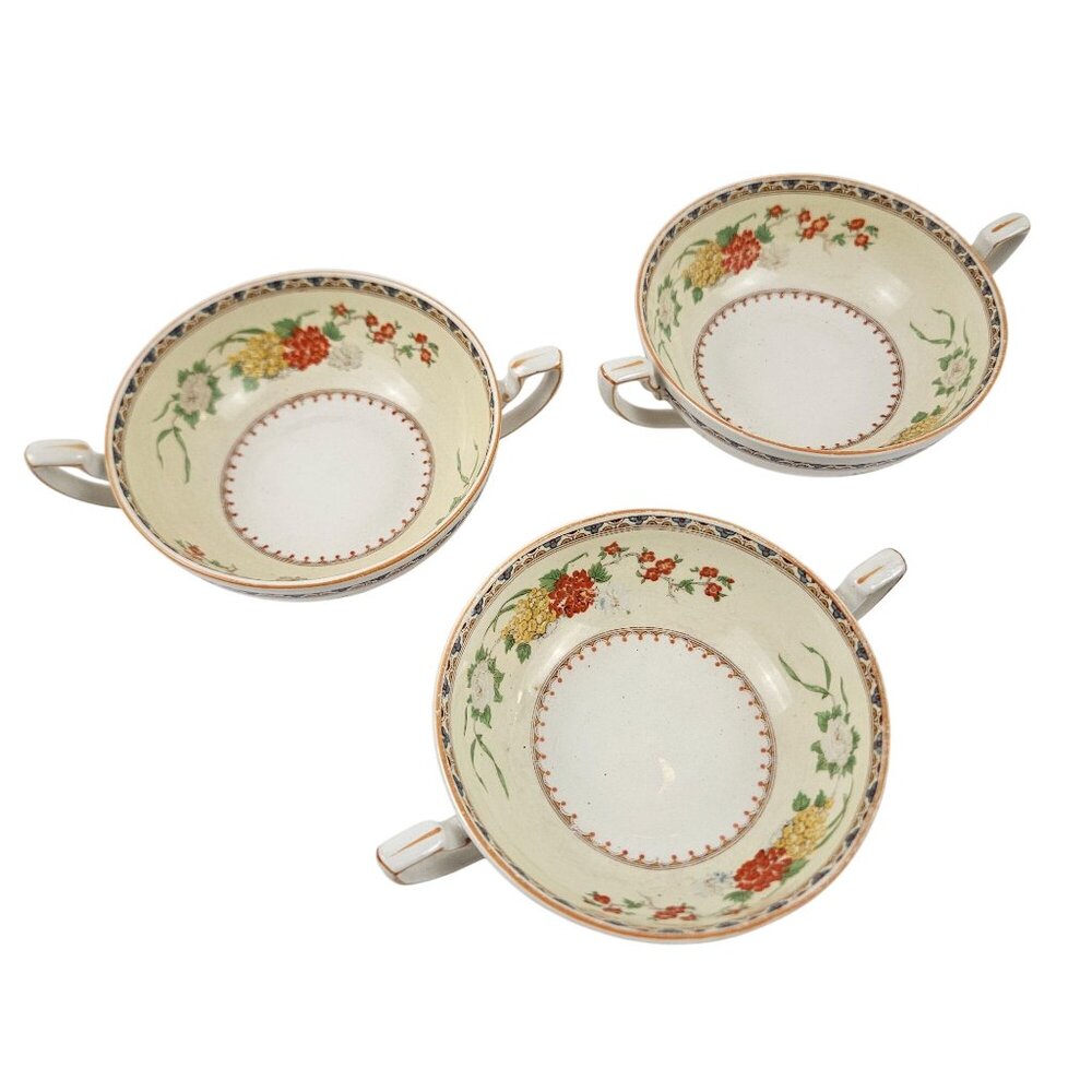 Vintage Myott Staffordshire England Floral Set of 3 Soup Bowls Handles